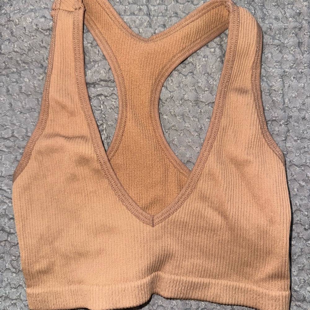 Ribbed V-Neck Racerback Bralette - Tan